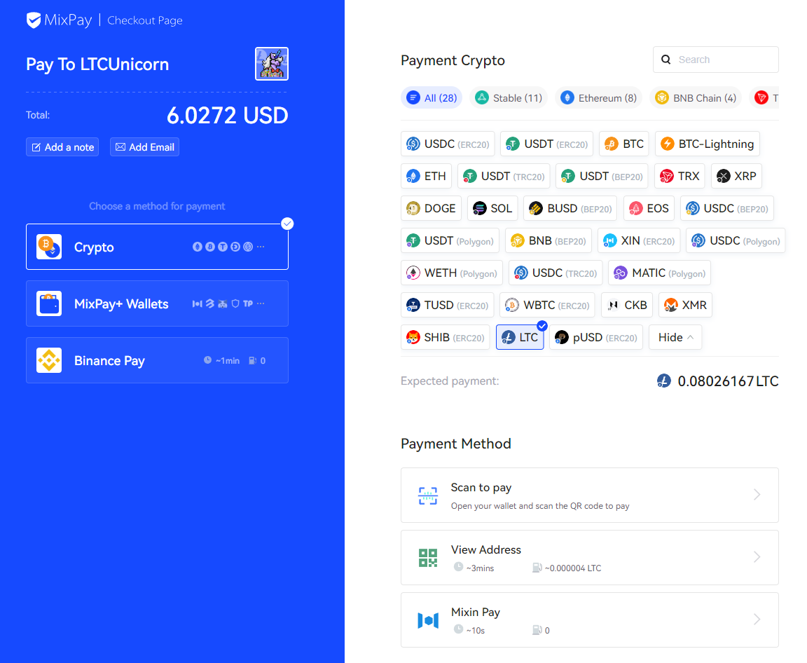 MixPay 和 LTC Unicorn 結賬頁面