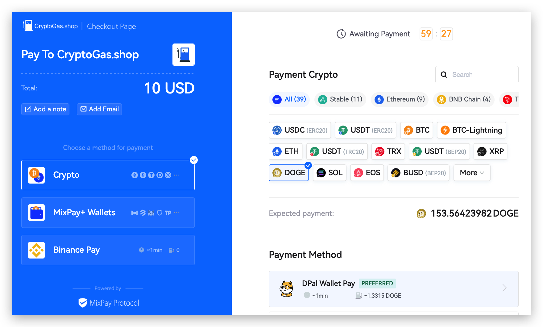 MixPay 和 DPal 钱包结账页面