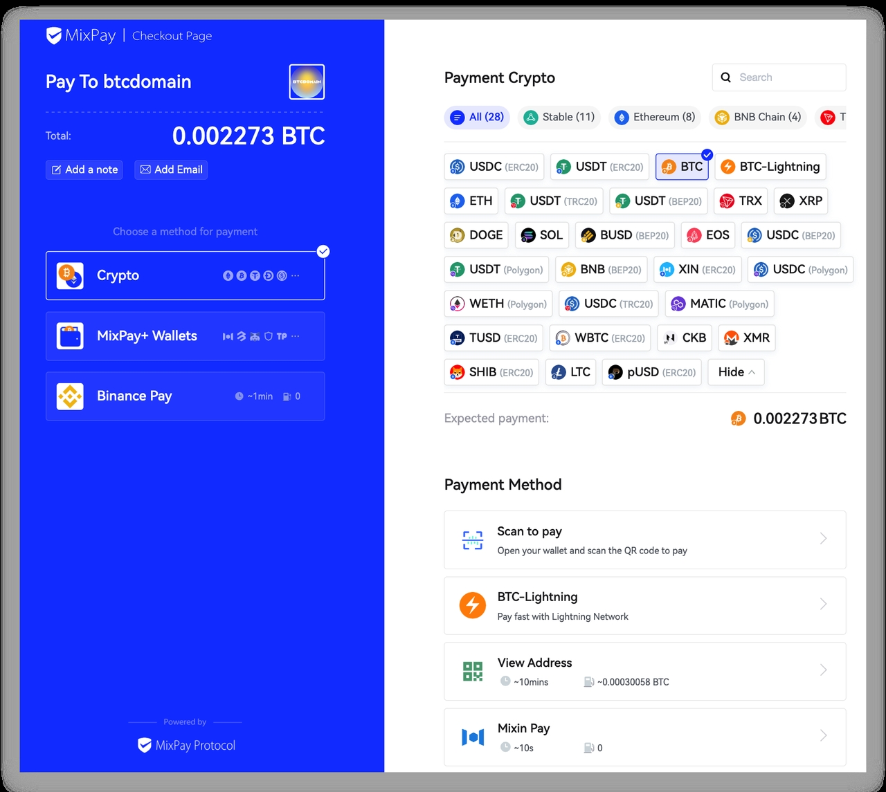 MixPay 和 BTC 域名結賬頁面