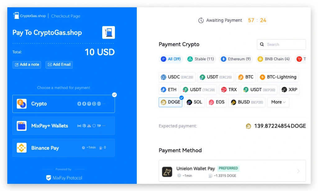 MixPay 和 Unielon 钱包结账页面