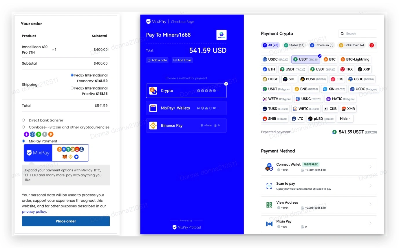 MixPay 和 Miners1688 結帳頁面